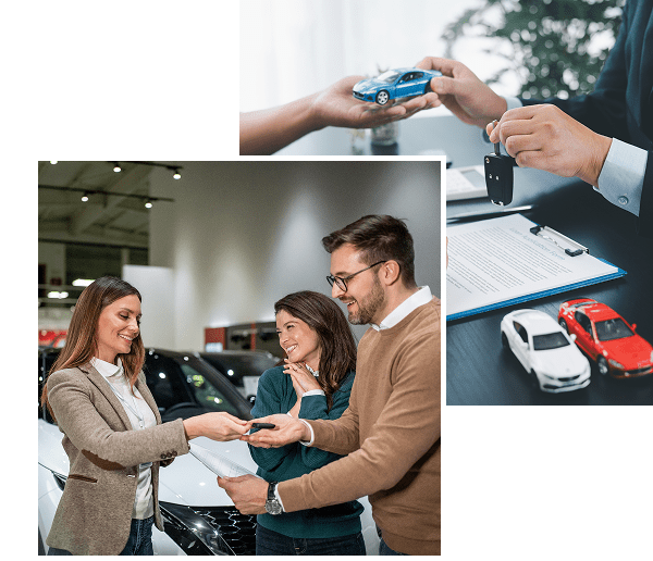 Car dealership handshake and paperwork